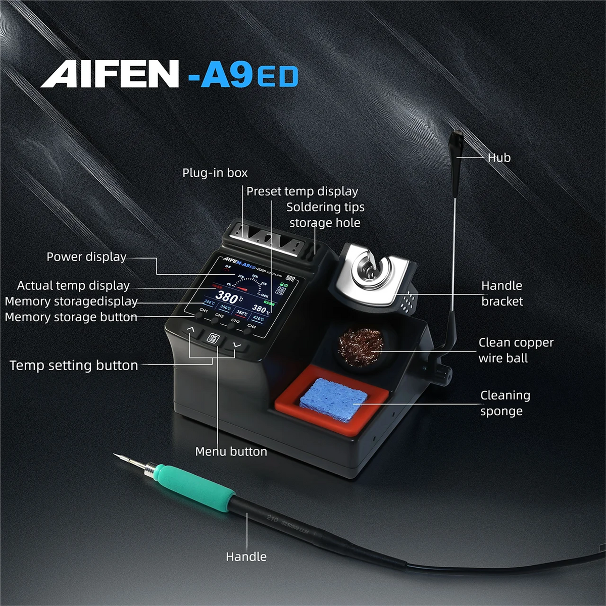 Estación de soldadura AIFEN A9ED para soldadura electrónica con mango C210 C245, potencia de 180 W, soldador para reparación de teléfonos y estación de soldadura