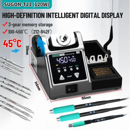 SUGON T21 120W Soldering Station 1.6m Wire-Controlled Handle Electronics Soldering Iron Tip 115/210/245 Rework Station BGA Tools