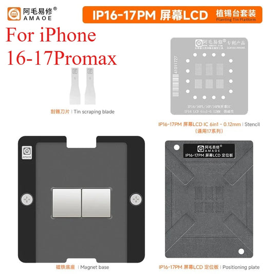 Plataforma de reballing BGA magnética Amaoe y juego de plantillas para reparación de circuitos integrados de pantalla de iPhone 16-17 Pro Max