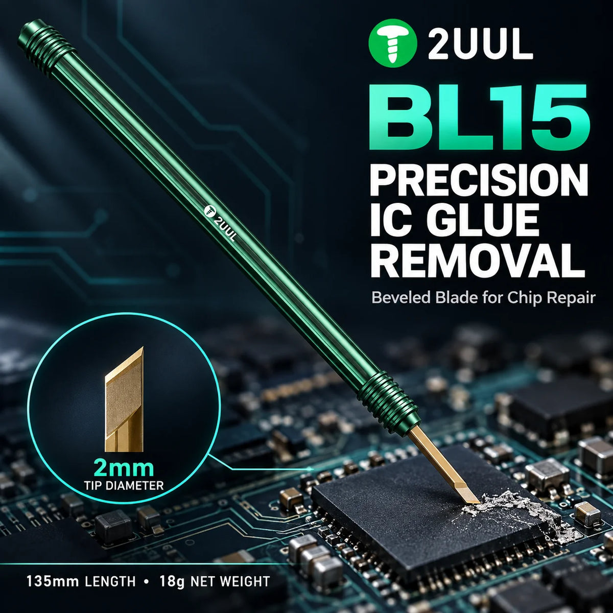 Cuchilla para retirar adhesivo de circuitos integrados 2UUL BL15, punta angulada de 2 mm y mango verde, herramienta de 135 mm para limpiar y retrabajar chips de placas base de teléfonos móviles