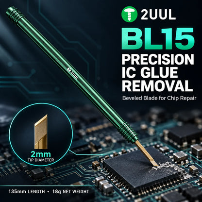 Cuchilla para retirar adhesivo de circuitos integrados 2UUL BL15, punta angulada de 2 mm y mango verde, herramienta de 135 mm para limpiar y retrabajar chips de placas base de teléfonos móviles