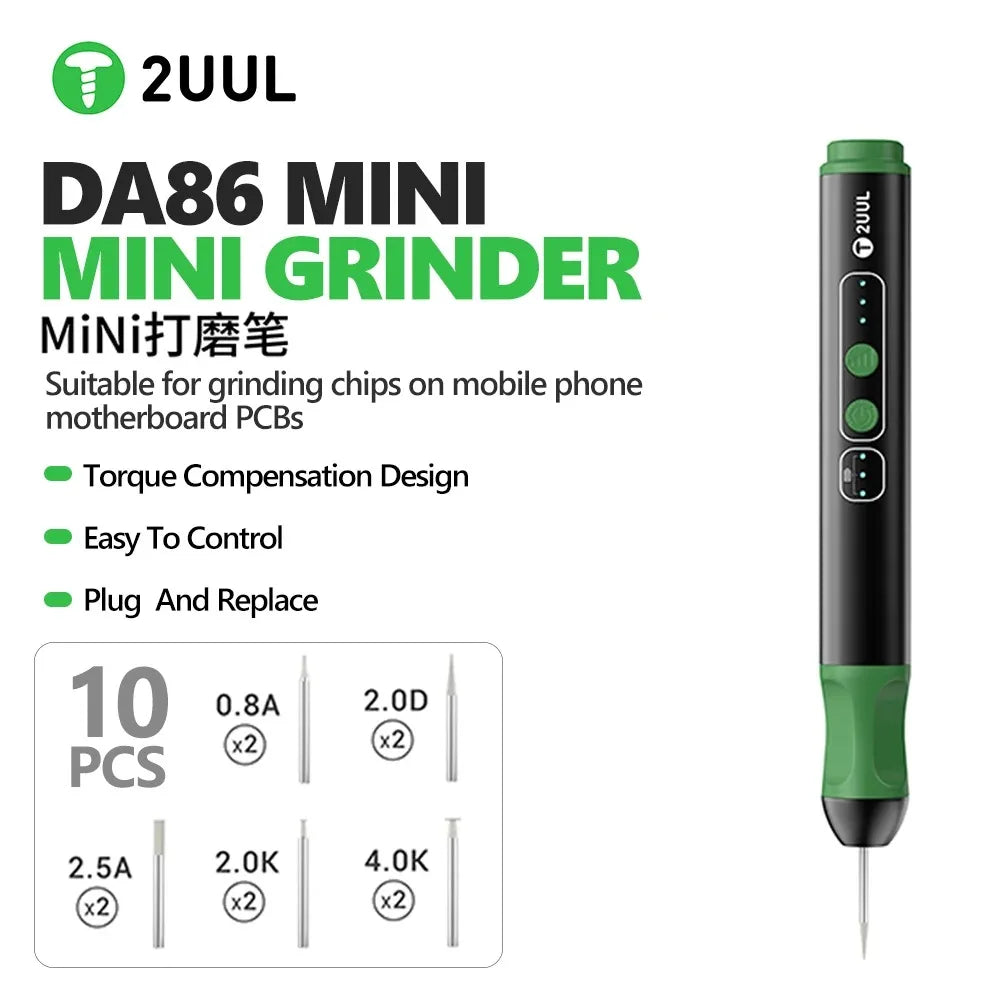 2UUL DA86 Mini Grinder with Grinding Cutting Drill Bits Polishing Pen for Phone OCA Glue Clean IC Chip CPU Drilling Repair Tool