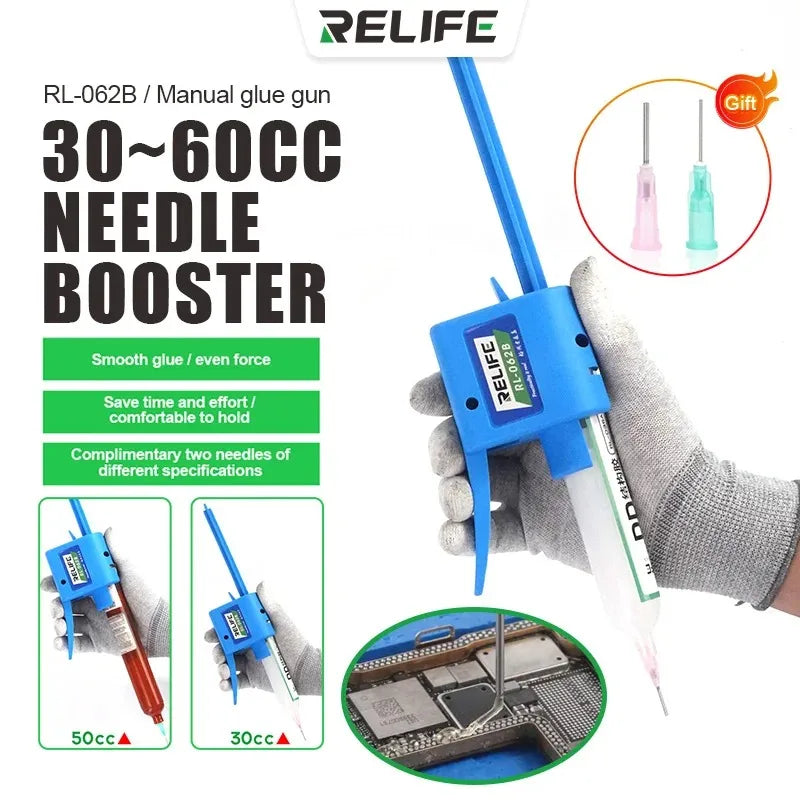 RELIFE 10-60cc Manual Solder Flux Dispenser Universal Welding Oil  Extruder UV Paste Needle Booster Glue Propulsion Syringe Tool