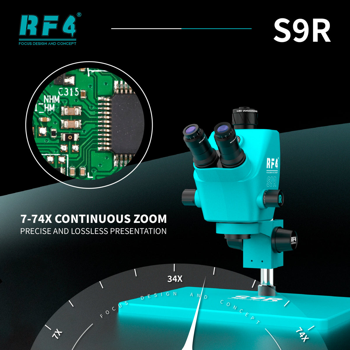 RF4 S9R 7-74X Wide-View Stereo Microscope