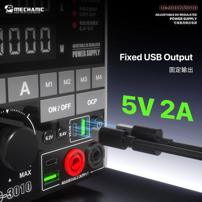 Fuente de alimentación regulada de CC ajustable MECHANIC DC-3006/3010 0-30V 6A/10A USB 5V 2A Pantalla digital para reparación de teléfonos móviles, PCB e IC