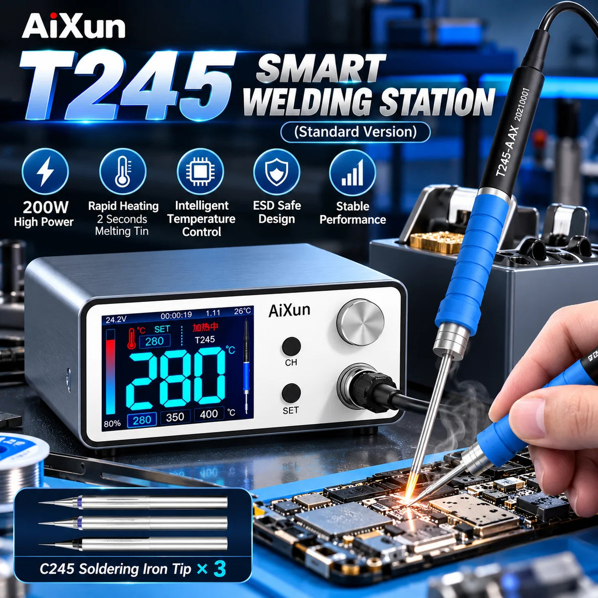 Aixun 200W T3A Intelligent Soldering Station with Electric Soldering Iron T12 T245 936 Handle Welding Tips for SMD BGA Repair