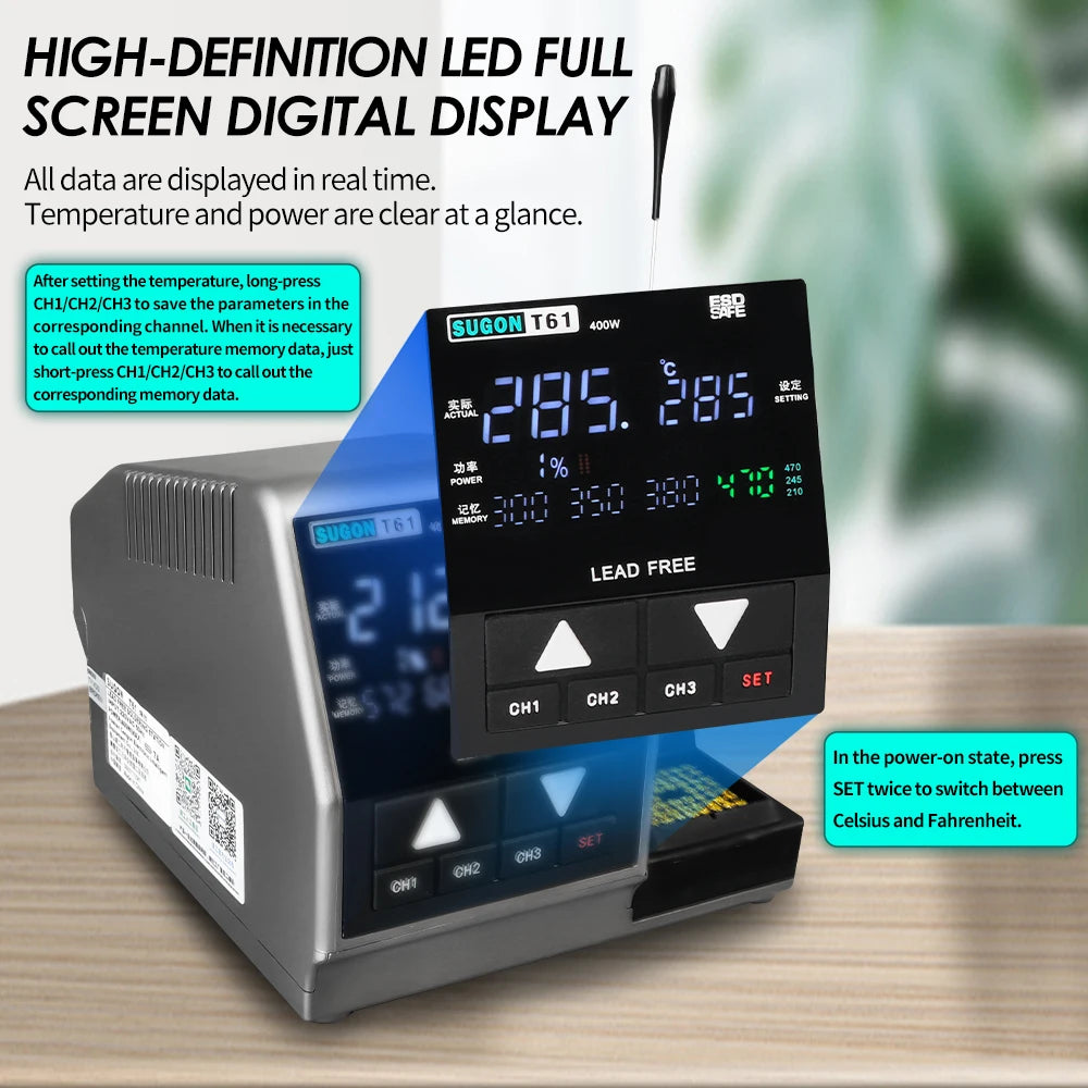 SUGON T61 Soldering Station 400W Compatible Soldering Iron Tip C470/245/210 Large Solder Joints Welding Rework Station