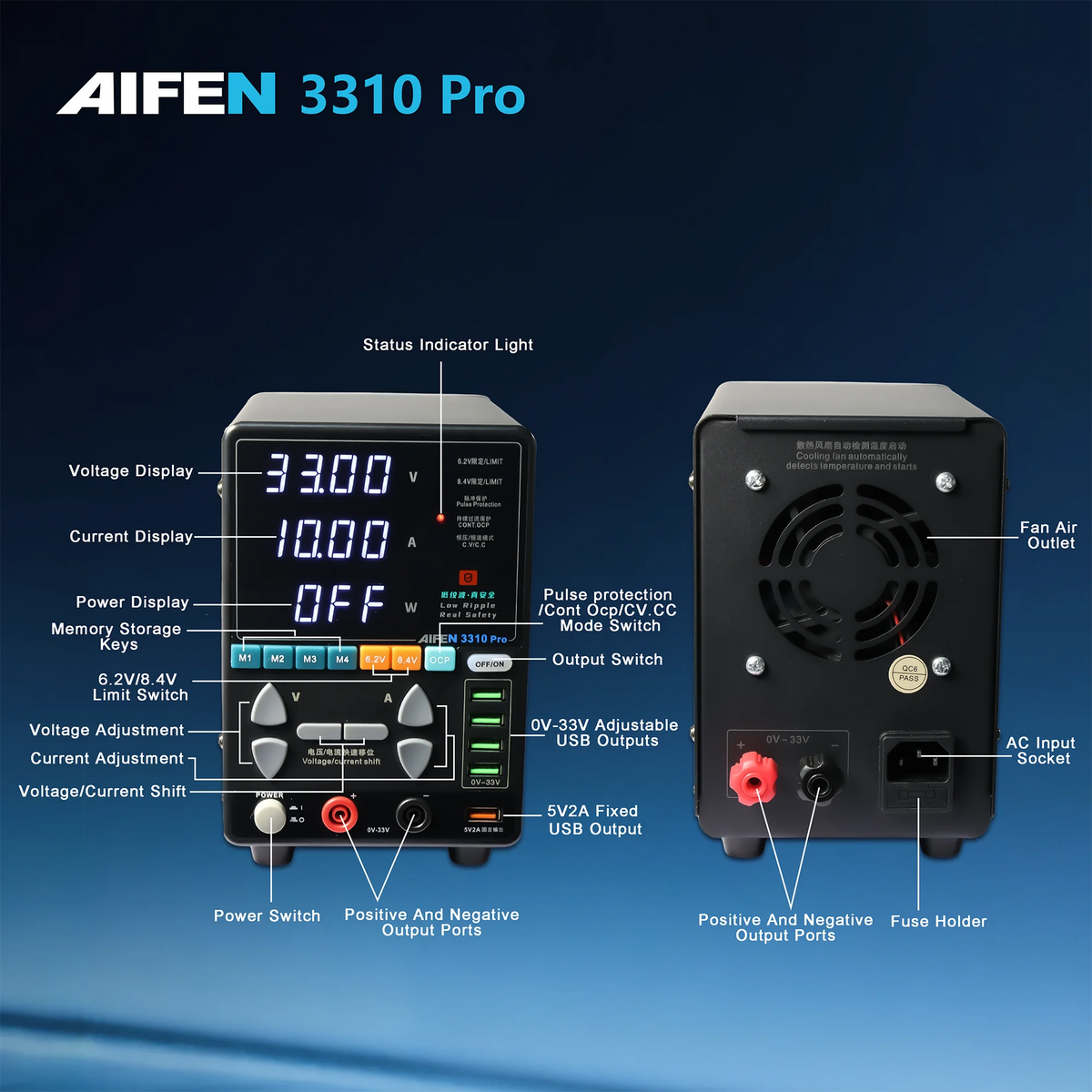 AIFEN 3310PRO Power Supply 33V/10A High Power 330W Low Ripple Pulse Protection High Precision Adjustable Switching DC Power