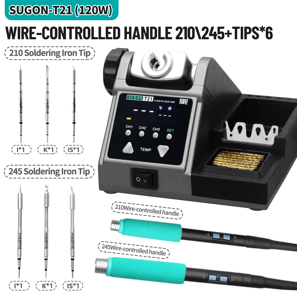 SUGON T21 120W Soldering Station 1.6m Wire-Controlled Handle Electronics Soldering Iron Tip 115/210/245 Rework Station BGA Tools