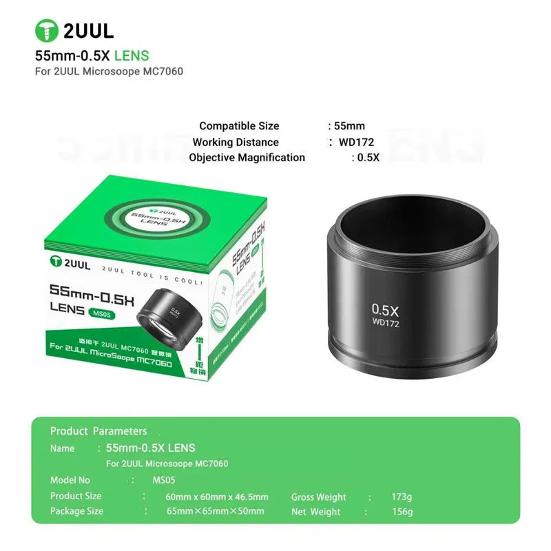 2UUL MS05 55mm-0.5X Lens for 2UUL Microscope MC7060 Auxiliary Objective Lens for Zoom Stereo Microscope