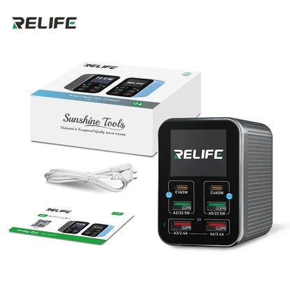RELIFE Q4 6-Port Desktop Fast 72W Charger Dual PD+Dual QC,TFT HD Color Screen,Smart Sleep Mode,Compact & Portable