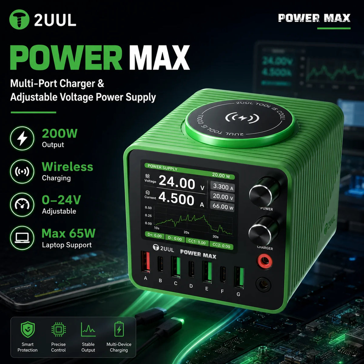 2UUL PC01 POWER MAX 200W Multi-Port Charger Adjustable Voltage Power Supply 0-24V Wireless Charging for Phone Repair Station