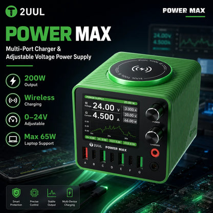 2UUL PC01 POWER MAX 200W Multi-Port Charger Adjustable Voltage Power Supply 0-24V Wireless Charging for Phone Repair Station