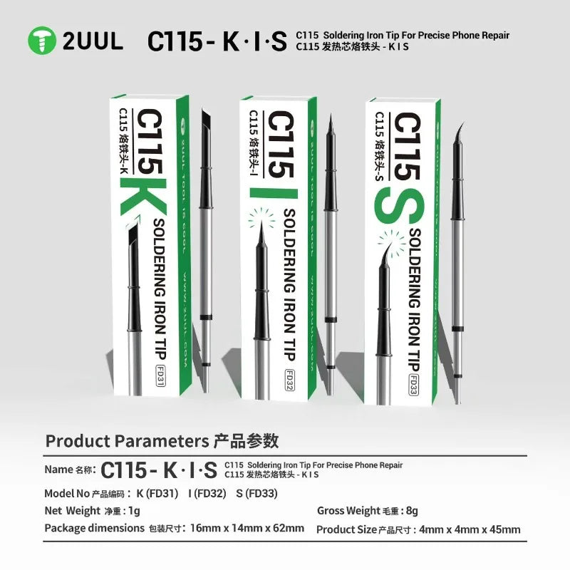 2UUL C115 Soldering Iron Tip K I S Precision Fast Heating Universal Replacement Solder Tips for Mobile PCB Repair Tools