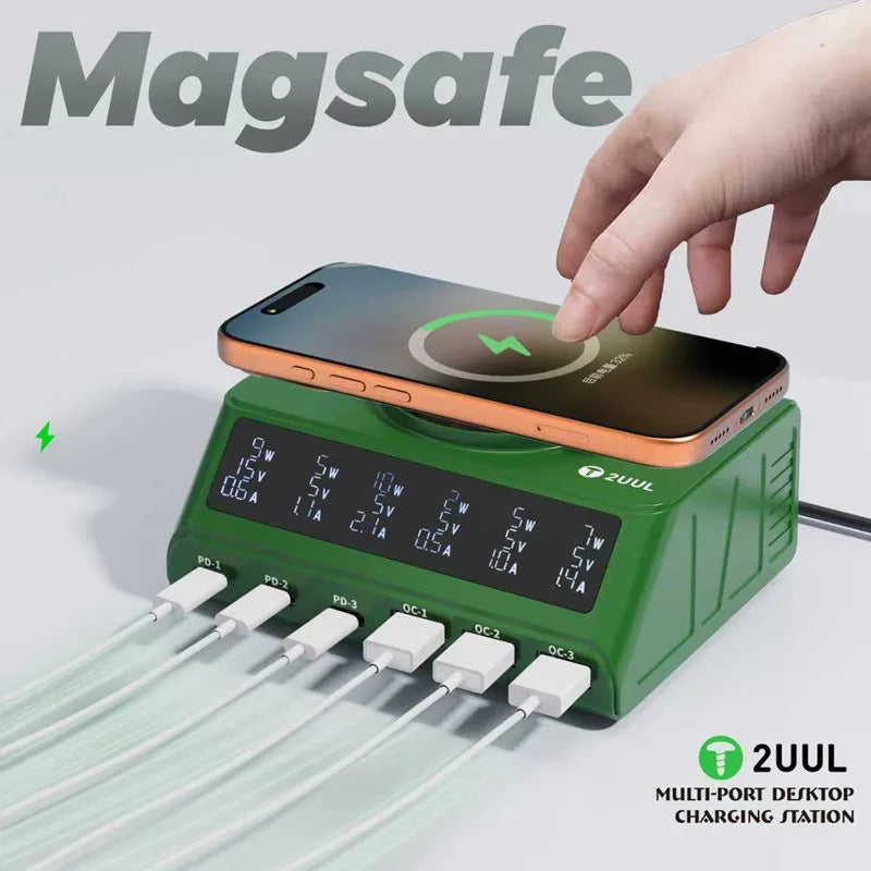 2UUL PC11 110W Desktop Multi-Port Charger with Magnetic Wireless Fast Charging for IP17 Series & Multi-Device Repair Tools