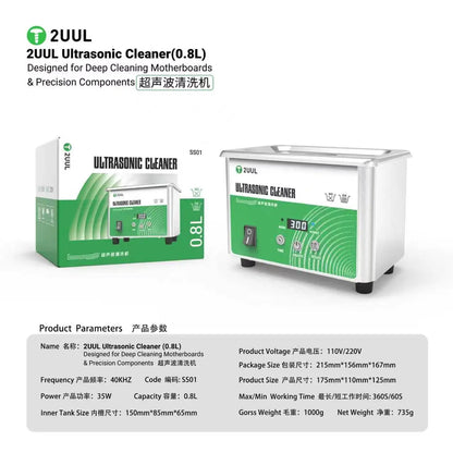 2UUL SS01 0.8L Ultrasonic Cleaner 40KHz Digital Timing Degas Function For Phone Mainboard IC Cleaning Machine Tools