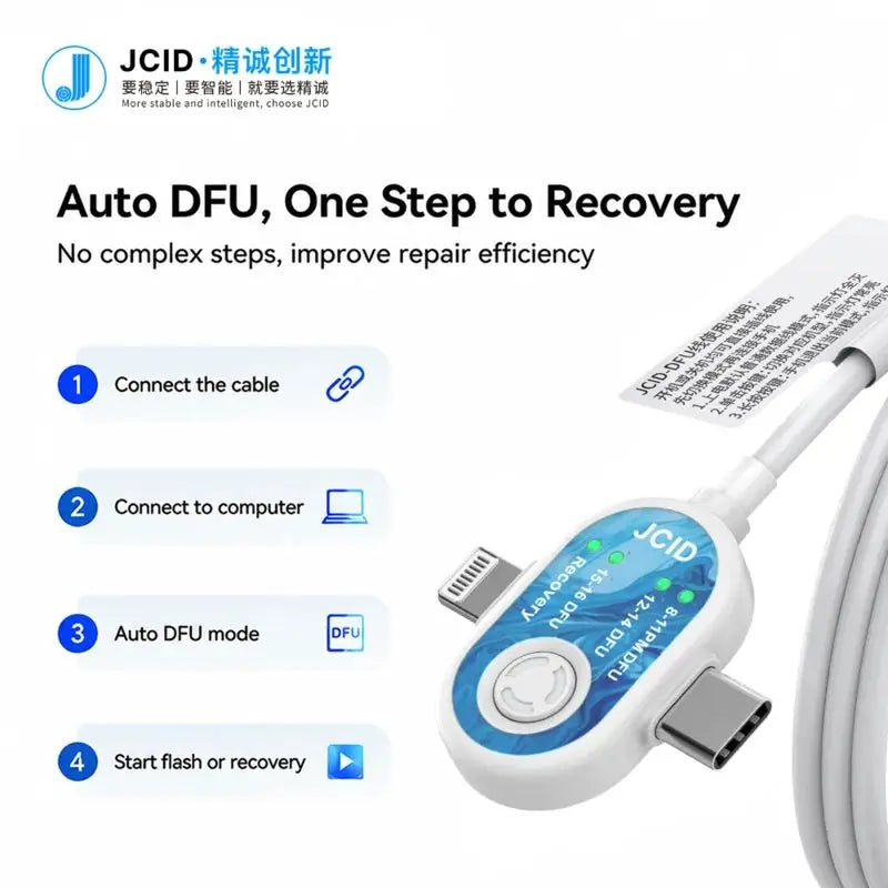 JCID DFU Cable For iPhone 8-16 Series For Android Auto DFU Without Button or Device Disassembly, Enables Deep Flashing