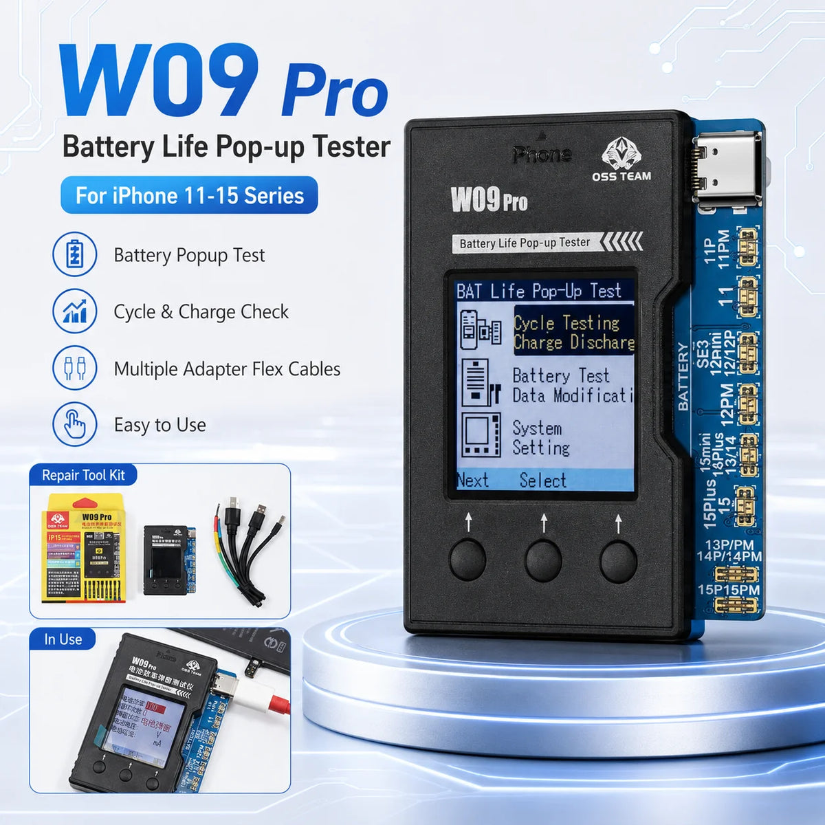 OSS W09 Pro V3 Herramienta de reparación de ventana emergente de salud de batería para iPhone 11 12 13 14 15 Kit de instrumento de reparación de restablecimiento de datos de duración de batería IC de teléfono