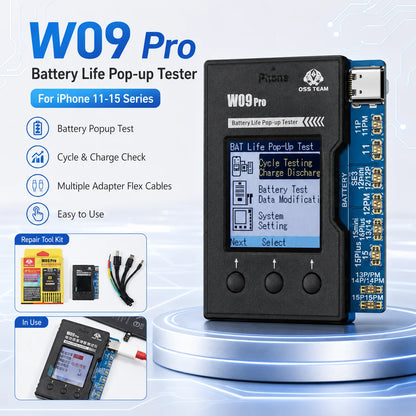OSS W09 Pro V3 Herramienta de reparación de ventana emergente de salud de batería para iPhone 11 12 13 14 15 Kit de instrumento de reparación de restablecimiento de datos de duración de batería IC de teléfono