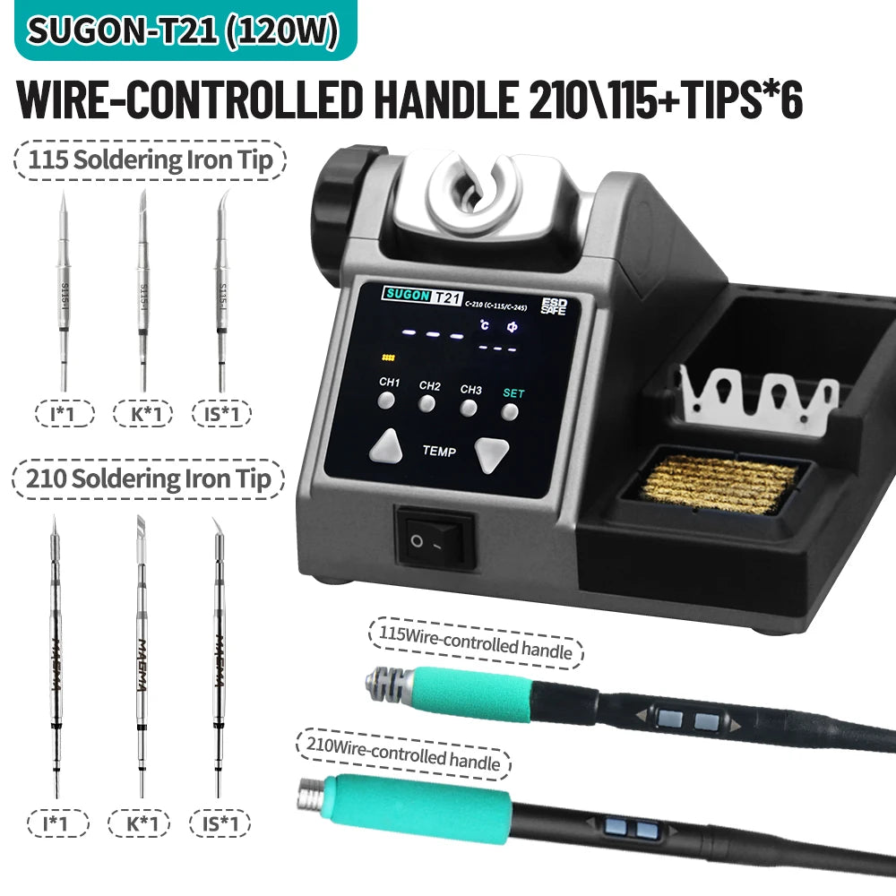 SUGON T21 120W Soldering Station 1.6m Wire-Controlled Handle Electronics Soldering Iron Tip 115/210/245 Rework Station BGA Tools