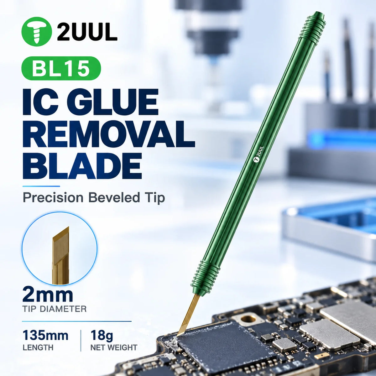 Cuchilla para retirar adhesivo de circuitos integrados 2UUL BL15, punta angulada de 2 mm y mango verde, herramienta de 135 mm para limpiar y retrabajar chips de placas base de teléfonos móviles
