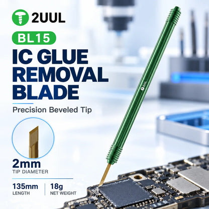 Cuchilla para retirar adhesivo de circuitos integrados 2UUL BL15, punta angulada de 2 mm y mango verde, herramienta de 135 mm para limpiar y retrabajar chips de placas base de teléfonos móviles