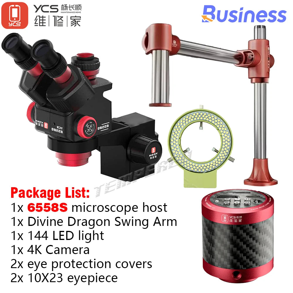 YCS Red Shenlong Arm 6558X 6558S 6575X 7050X Trinocular Microscope Set For Mobile Phone Repair Maintenance Circuit Board Special