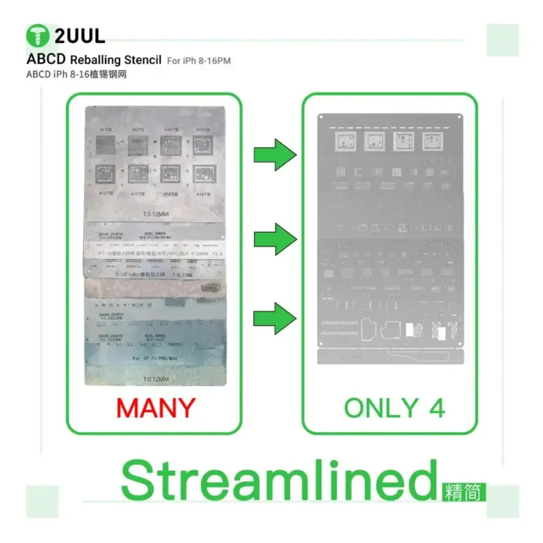 2UUL BG01 4PCS Reballing Stencils Nand Flash/ WIFI/Face ID /Screen /Baseband / Power Amplifier IC Steel Mesh for IPhone 8-16PM