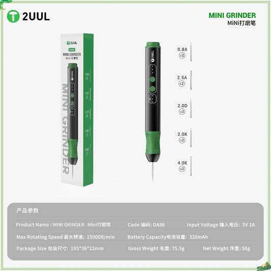 Mini esmeriladora 2UUL DA86 con brocas de desbaste, corte y taladro, lápiz pulidor para pegamento OCA de teléfono, herramienta de limpieza de chips de CI y CPU, taladro y reparación