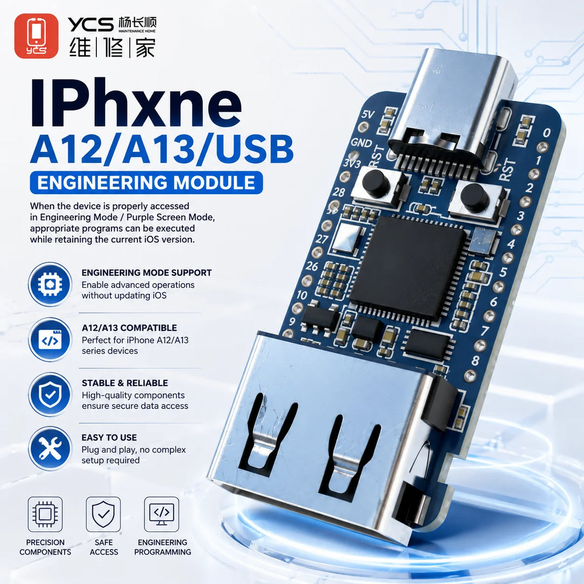 YCS-A12/A13 Chip Engineering Mode Device / USB Purple Screen Module – Supports XR XS XS Max 11 11P 11PM iPad 9 and SE 2020