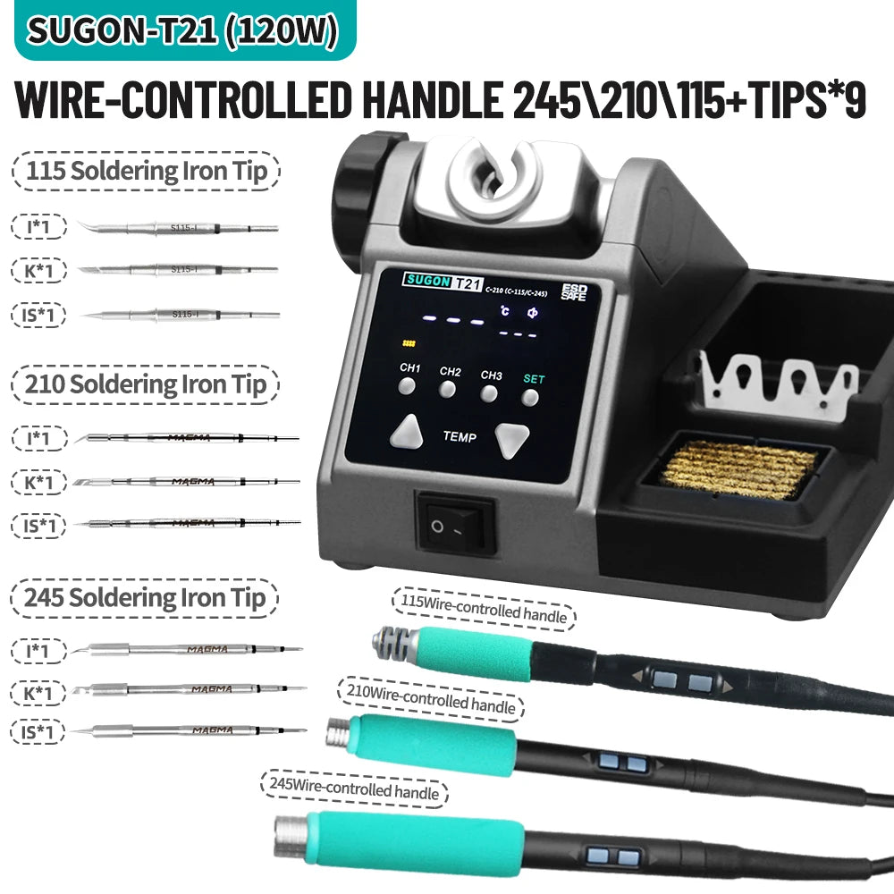 SUGON T21 120W Soldering Station 1.6m Wire-Controlled Handle Electronics Soldering Iron Tip 115/210/245 Rework Station BGA Tools