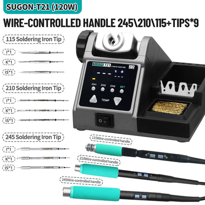 SUGON T21 120W Soldering Station 1.6m Wire-Controlled Handle Electronics Soldering Iron Tip 115/210/245 Rework Station BGA Tools