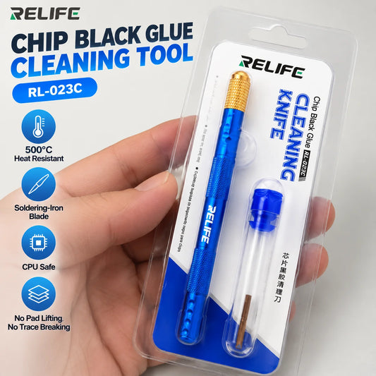 RELIFE RL‑023C Mango de lápiz de limpieza de pegamento negro de CPU Punta de PI resistente a altas temperaturas para herramientas de reparación de placas base de teléfonos