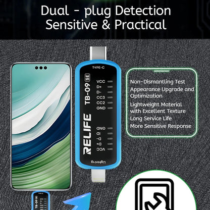 RELIFE TB-09 SE Simple Tail Insertion Tester Rapidly Locate Fault Points Lightning/Type-c Dual Plugs Fault Testing Tool