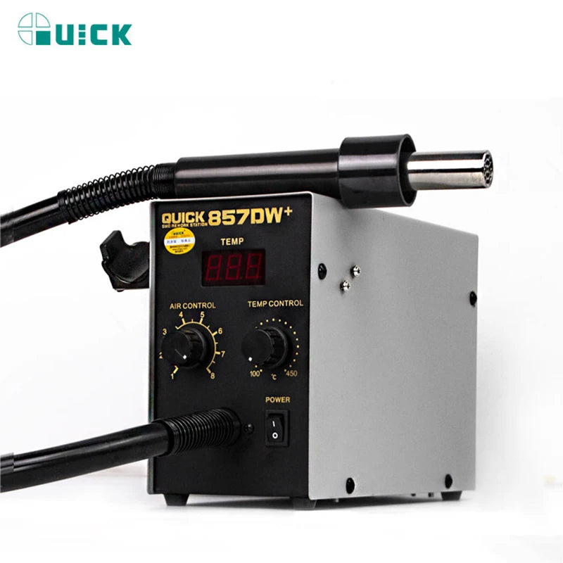 QUICK 857DW+ Adjustable Hot Air Gun 580W Welding Tools Portable Digital Display SMD Rework Solder Station With Nozzles & Heater