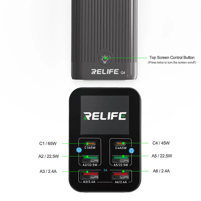 RELIFE Q4 6-Port Desktop Fast 72W Charger Dual PD+Dual QC,TFT HD Color Screen,Smart Sleep Mode,Compact & Portable