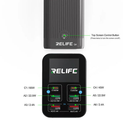 RELIFE Q4 6-Port Desktop Fast 72W Charger Dual PD+Dual QC,TFT HD Color Screen,Smart Sleep Mode,Compact & Portable