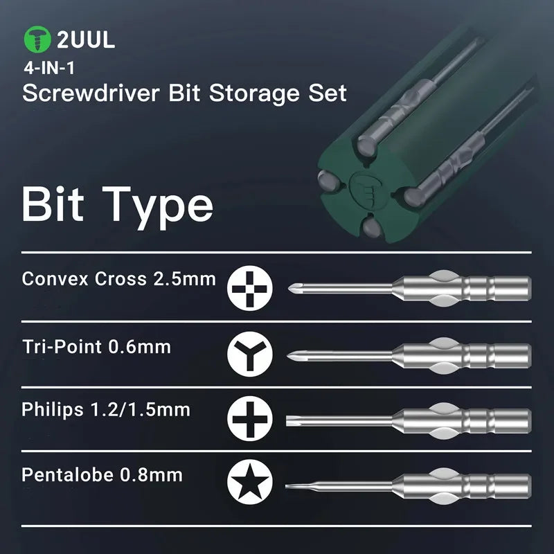 2UUL SD24 4 IN 1 Screwdriver Bits with Magnetic Storage Set High-Hardness Alloy S2 Head CC /Pentalobe/Tri-Point/Phillips Bits