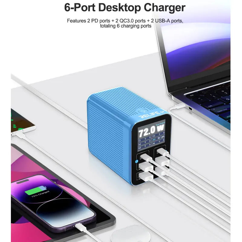 RELIFE Q4 6-Port Desktop Fast 72W Charger Dual PD+Dual QC,TFT HD Color Screen,Smart Sleep Mode,Compact & Portable
