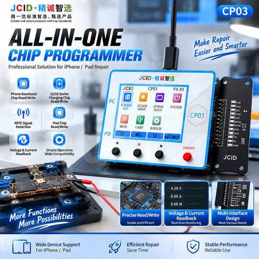 Programador de IC JCID CP03 para iPhone, chip de carga, banda base, RFFE, UART, lectura/escritura, USB PD, herramienta de diagnóstico y reparación de placa base