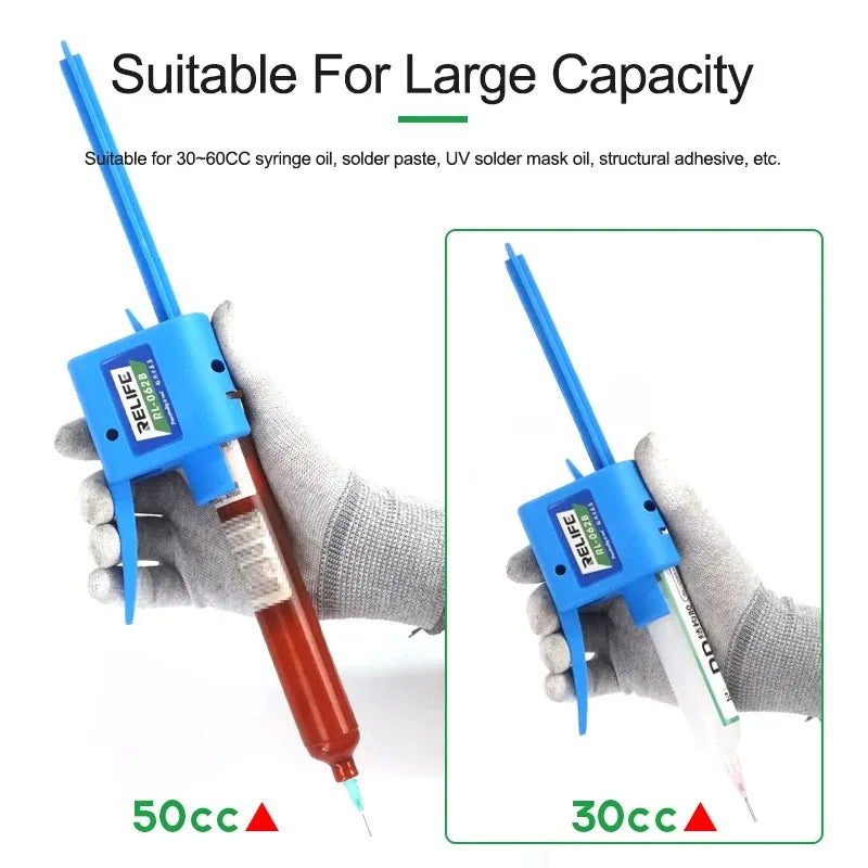 RELIFE 10-60cc Manual Solder Flux Dispenser Universal Welding Oil  Extruder UV Paste Needle Booster Glue Propulsion Syringe Tool