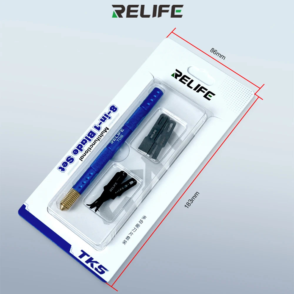 RELIFE TK5 8-in-1 Multi-Function Blade Set for Mobile Phone Repair Motherboard PCB IC CPU Adhesive Removal Pry Tool Cutting Tool